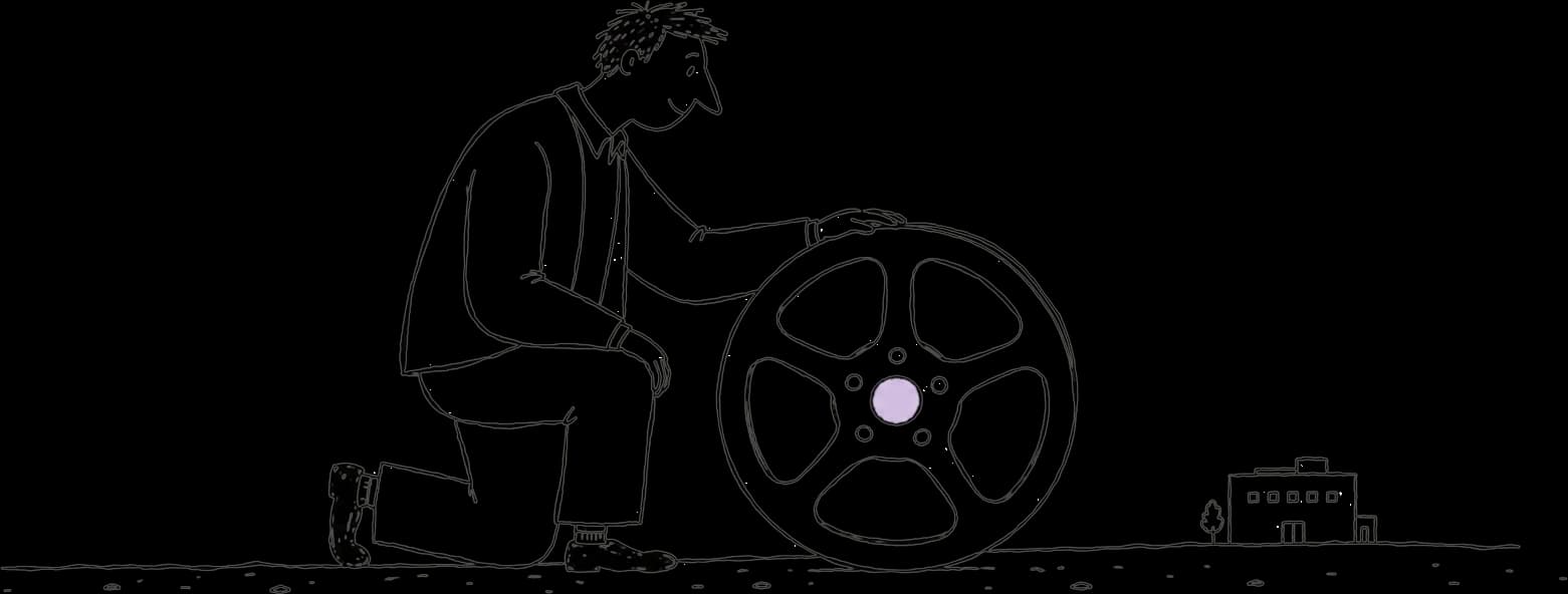 Hand-drawn filmmaker kneeling beside a large film reel, a small building in the distance