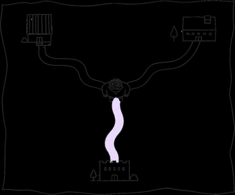 Hand-drawn filmmaker seen from above at a fork of three premiere routes
