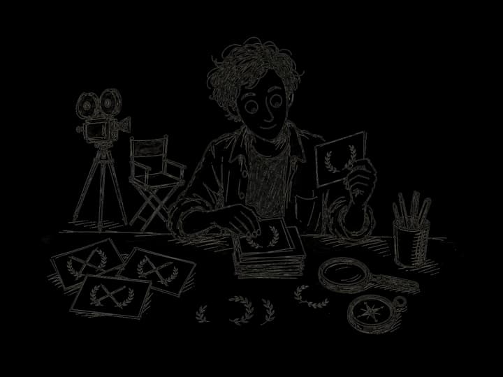 Hand-drawn filmmaker sorting a festival shortlist