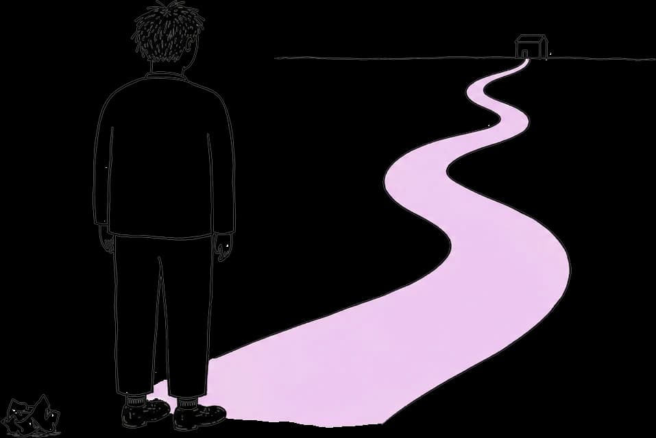 Hand-drawn filmmaker leaving a crumpled letter behind and taking a new route
